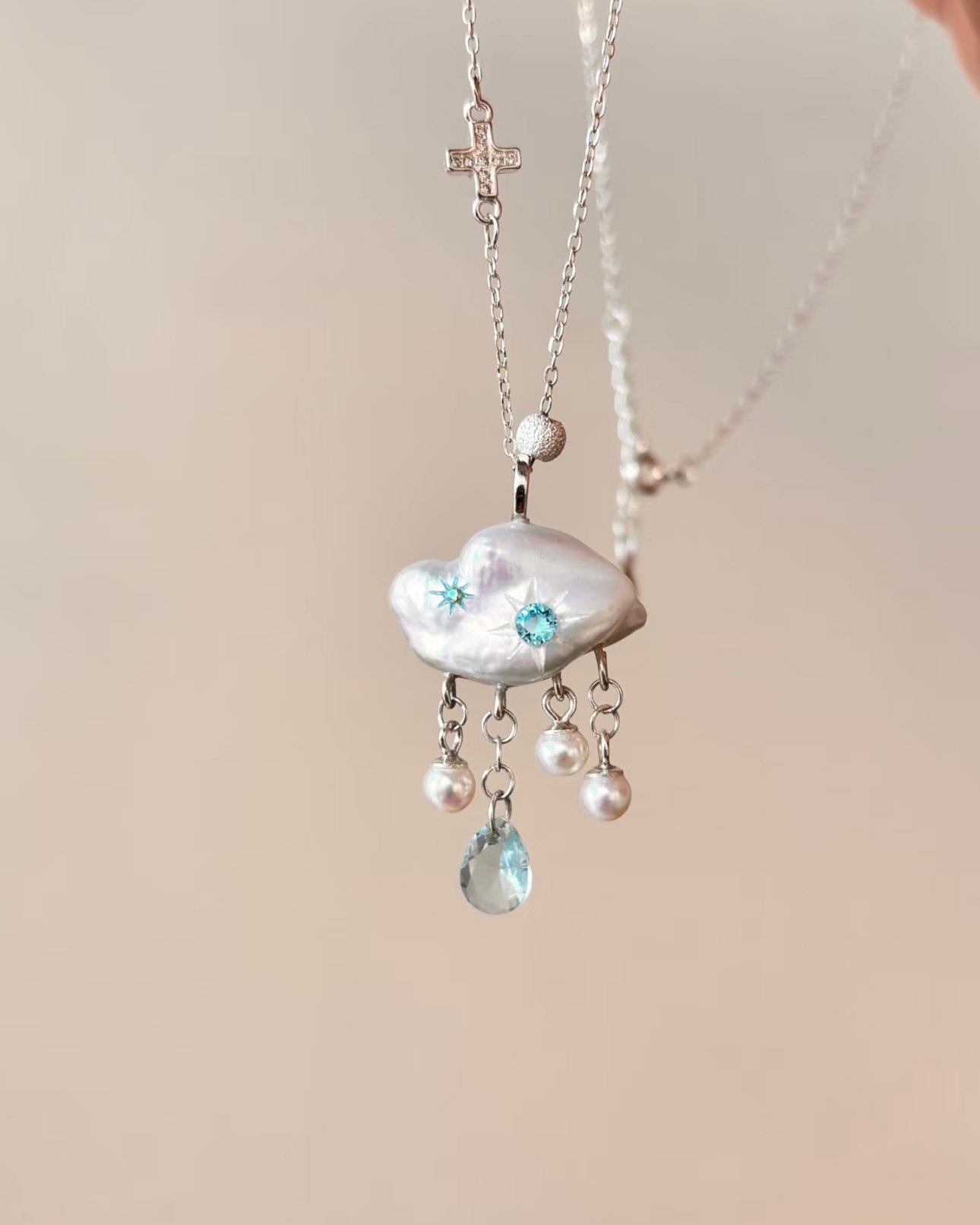 Original melancholy cloud freshwater pearl sea blue zircon necklace